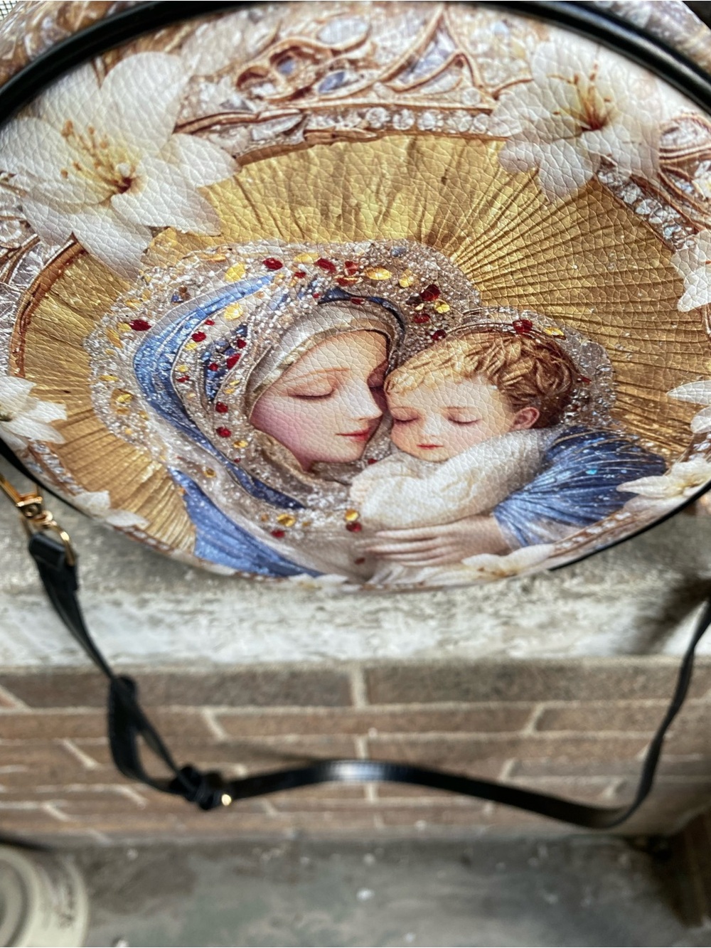 Round Madonna & Child Crossbody Bag WITH WALLET- Blue, Gold & Black